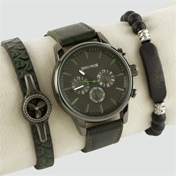 Yeşil Renkli Kayışlı Erkek Kol Saati ve Bileklik Kombini